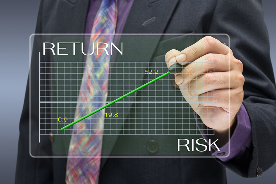 Hand pointing out the return and risk relation on a graph