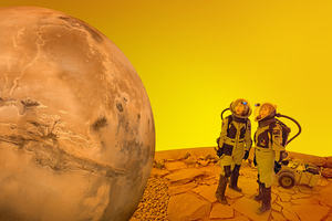 Two astronauts standing on the surface of Mars.