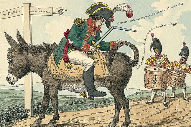 Cartoon from 1814 showing Napoleon seated backwards on a donkey, on his way to exile on Elba.