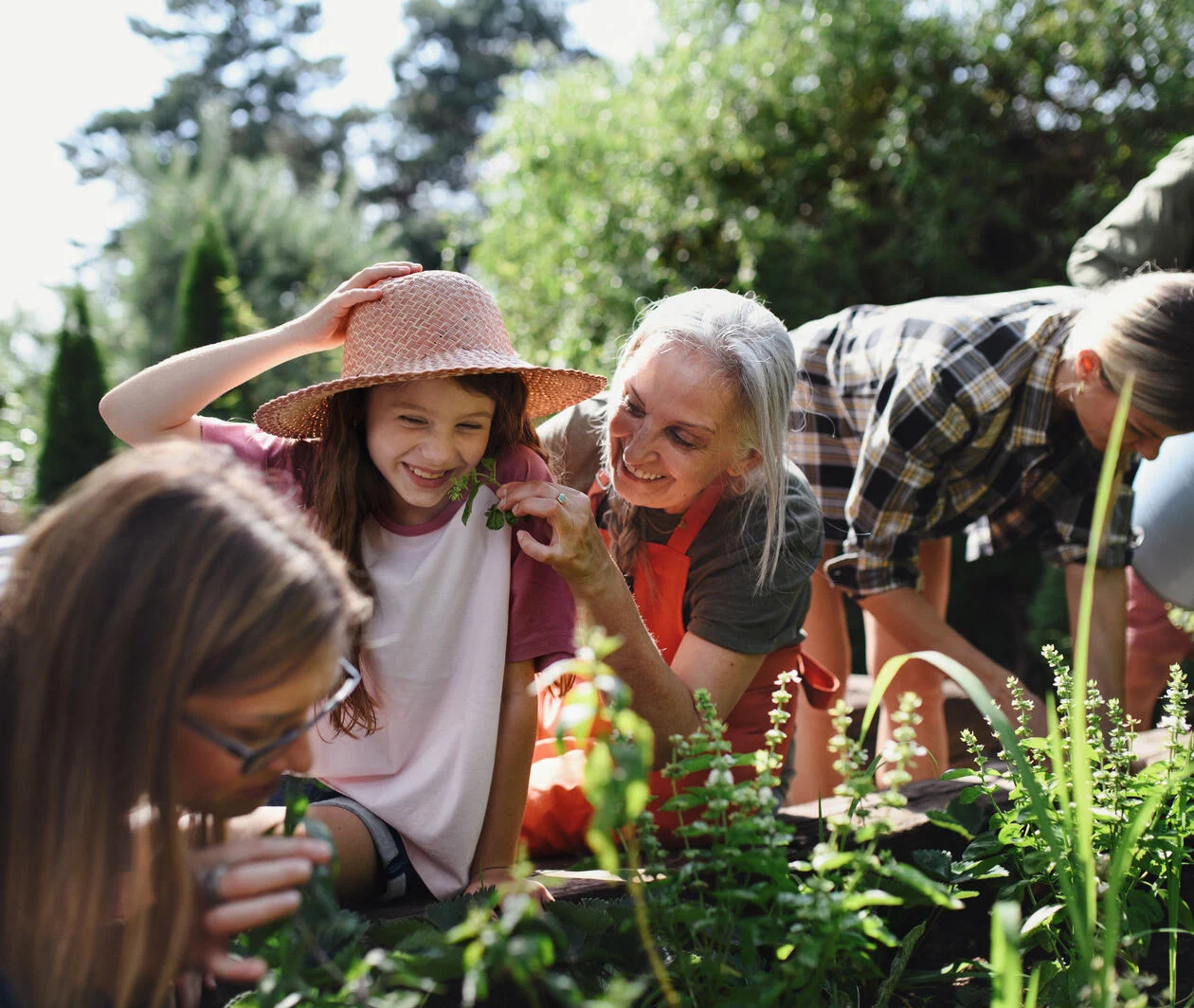 Young and elderly people enjoying gardening together