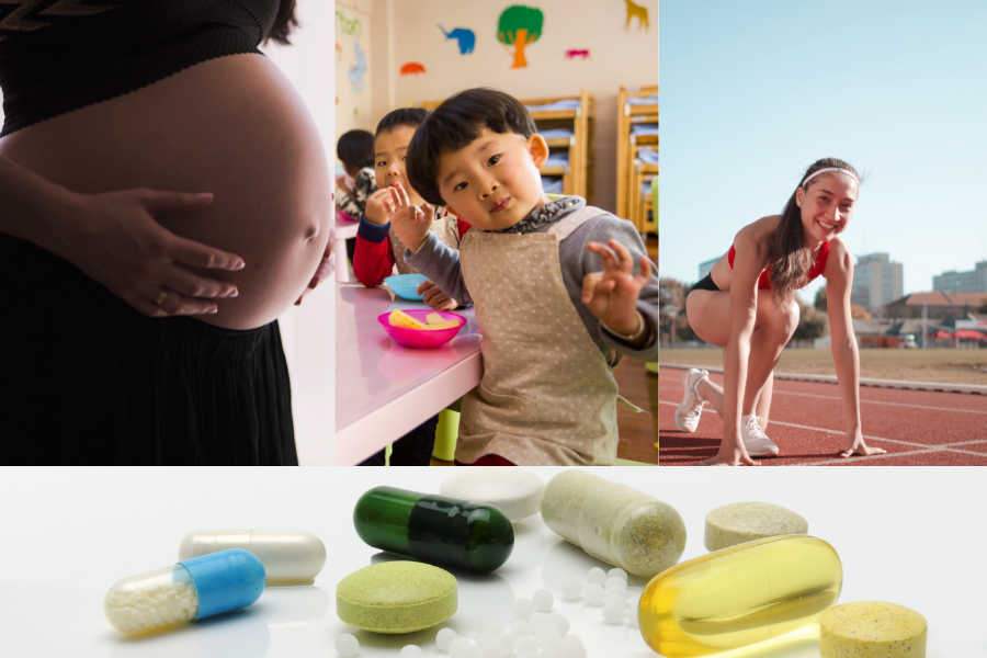 pregnant lady, child, athlete, medications representing different populations