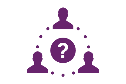 three people with a question mark in the middle