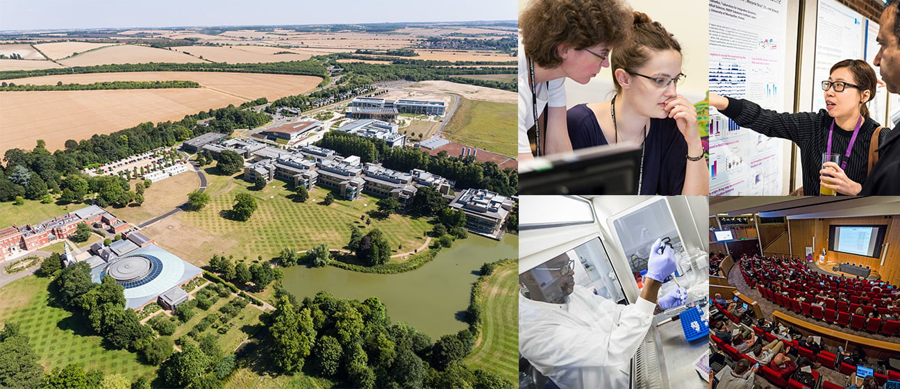 Main photo, Wellcome genome campus aerial view, with smaller photos of our course and conferences: in the IT training room, hands-on practical work in a science laboratory; plus a clipped view of sharing a poster, and inside a lecture theatre