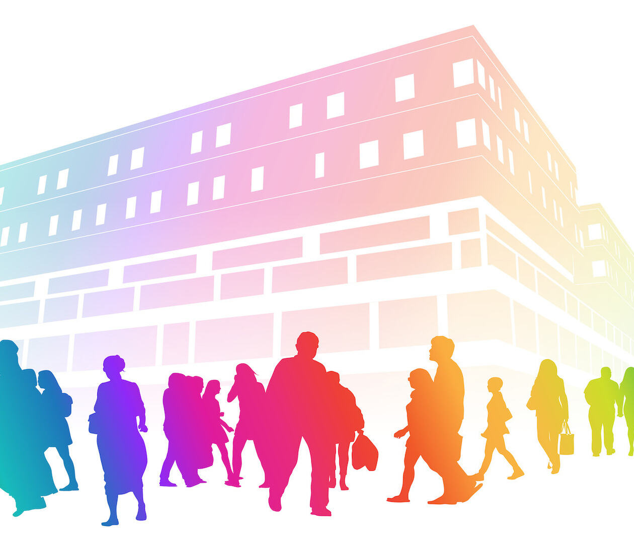 A rainbow silhouette illustration of multiple people outside a hospital building