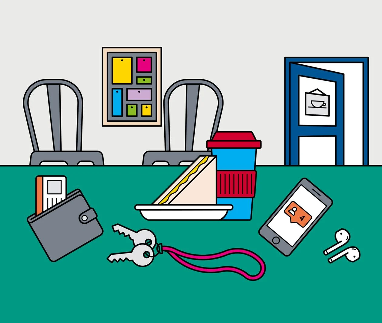 Graphic illustrating a cafe with items including noticeboard, sandwich, mobile phone, menu, wallet, earpods and keys. 