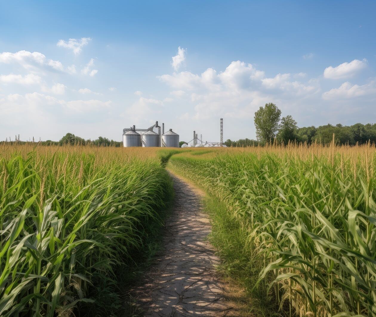 view of a biorefining plant and wheat fields