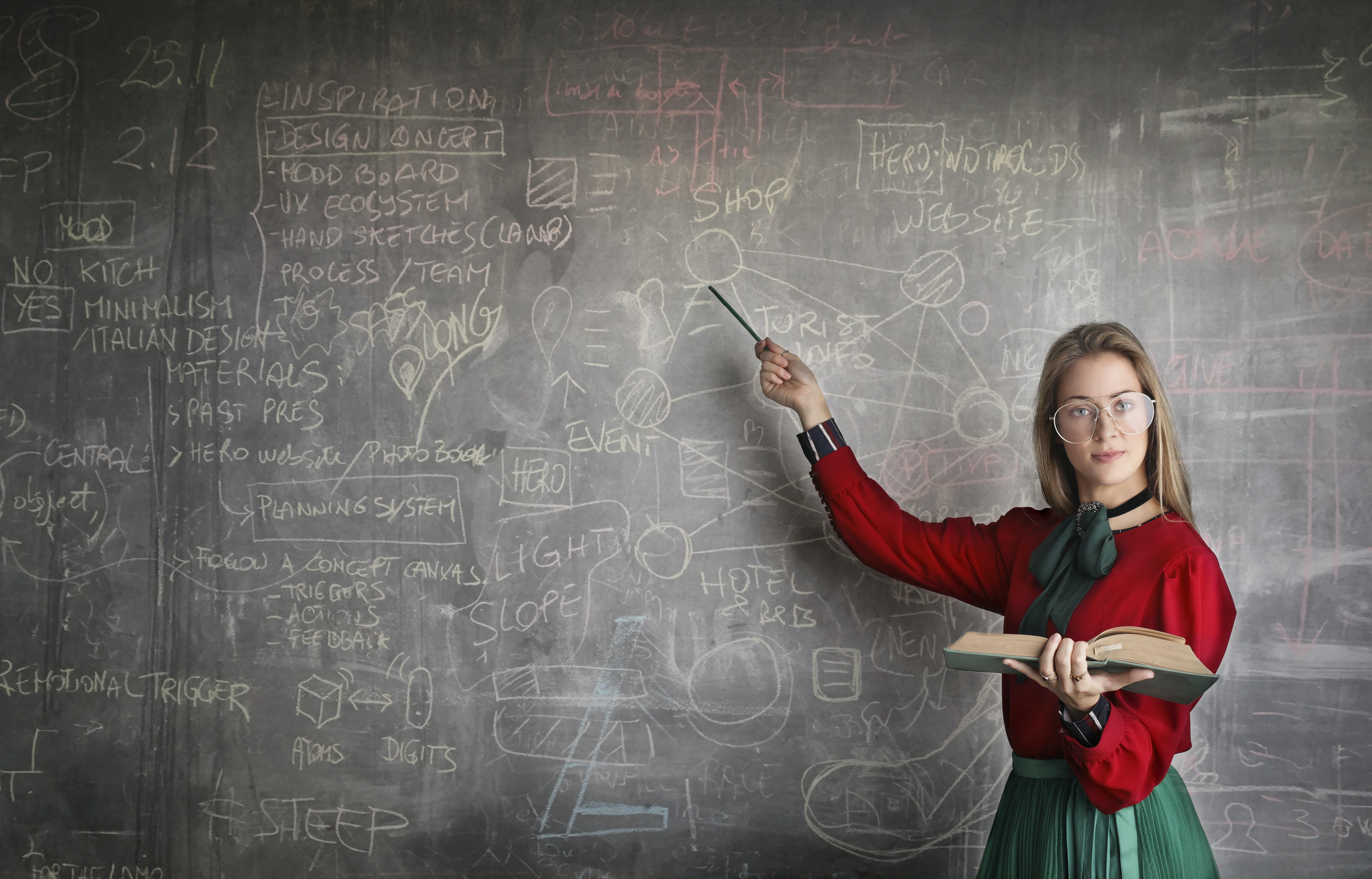 School teacher pointing at blackboard with difficult explanations