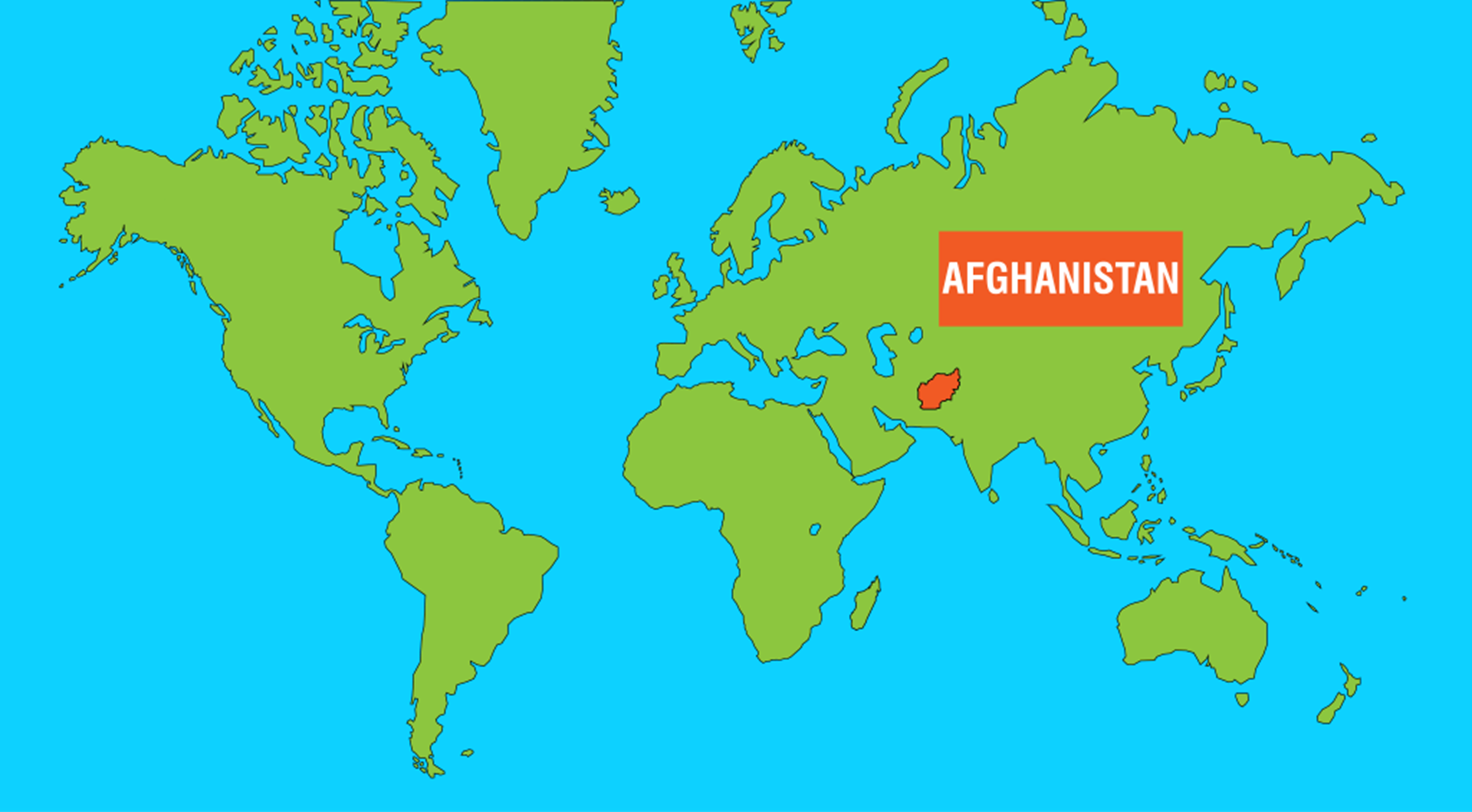 A cartoon map with Afghanistan highlighted in orange, and 'Afghanistan' written in a box of the same colour.