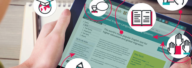 A tablet with learning-related icons