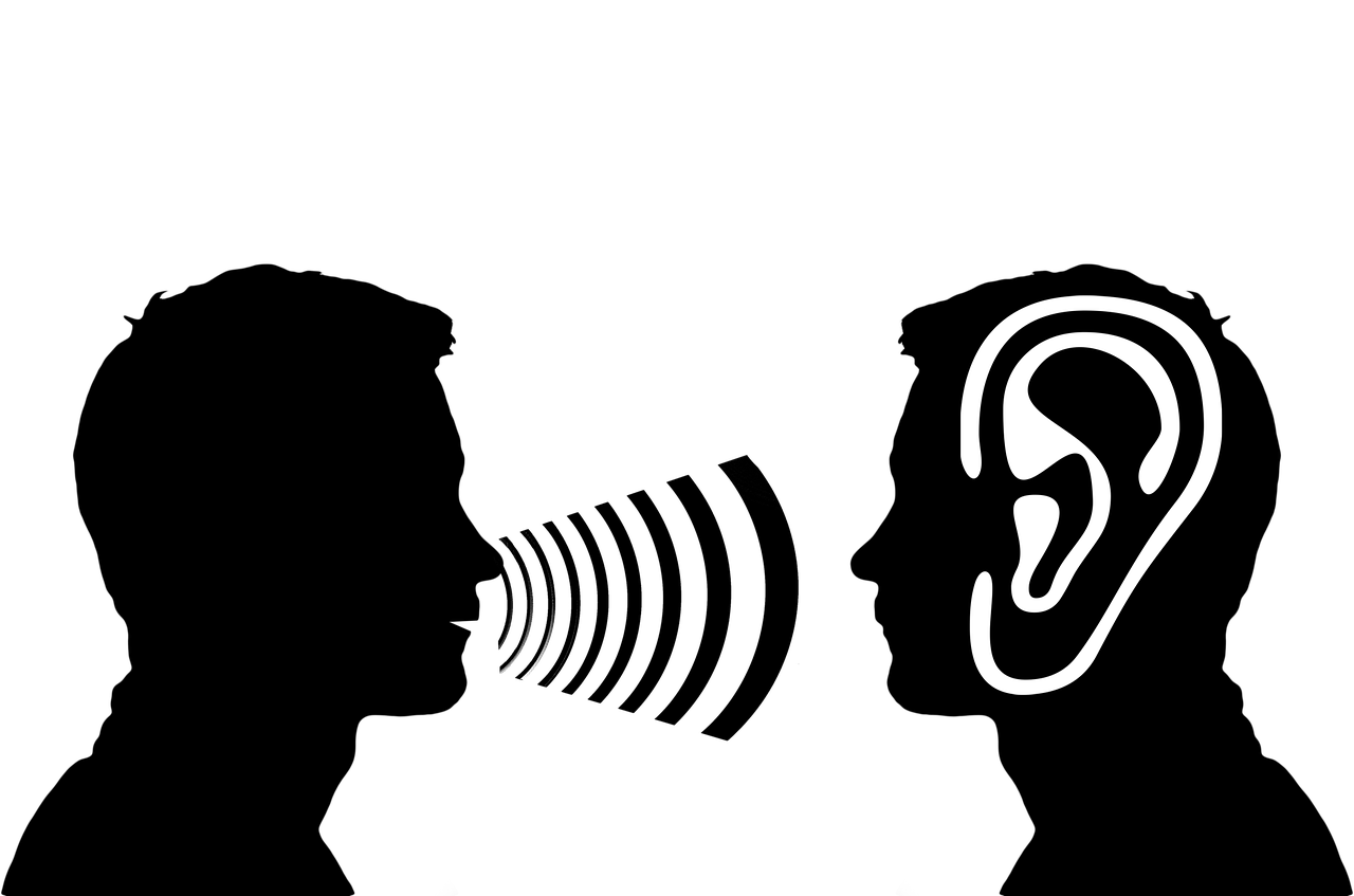 Silhouettes of a face talking towards another face. One face has sound lines coming from the mouth, the second has an ear icon superimposed..