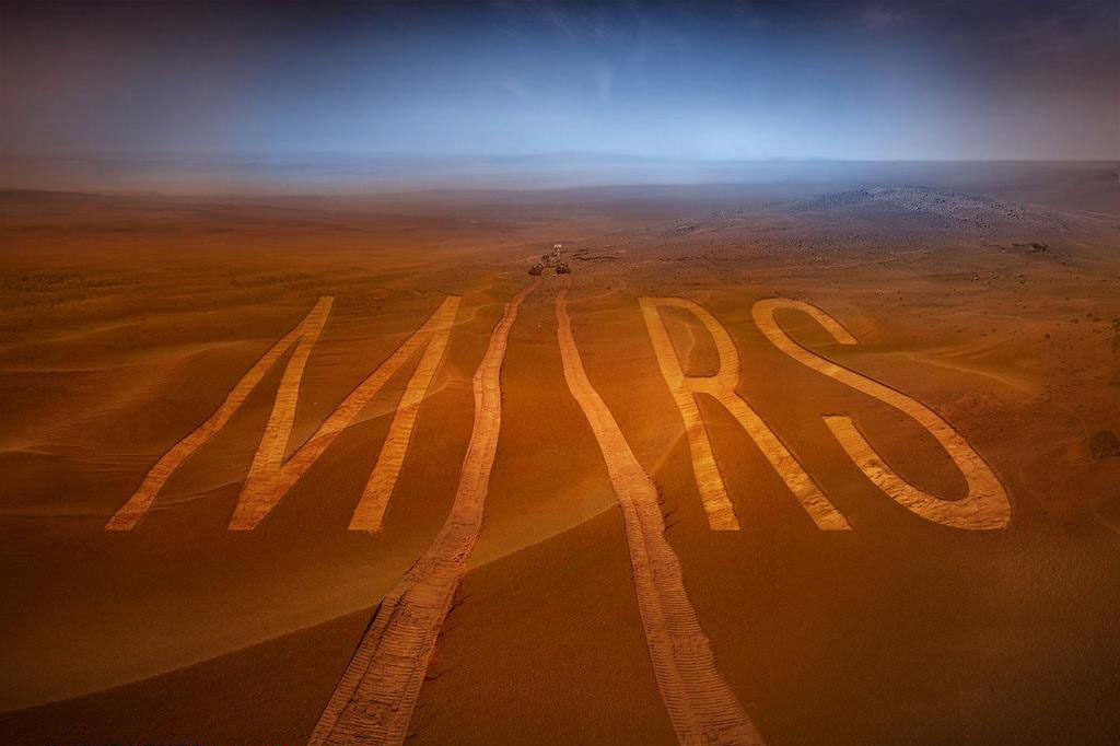 Red dusty space landscape with vehicle tracks forming the word Mars