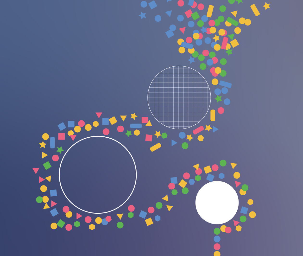 An abstract image to represent data analytics with 3 circles, one with a thin outline only, one filled with a solid white and another one with white net pattern. They are surrounded by mini icons with stars, rectangles and triangles in different colours. 