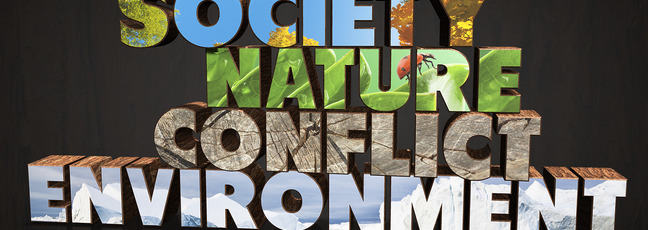 A graphic of the words society, nature, conflict and environment
