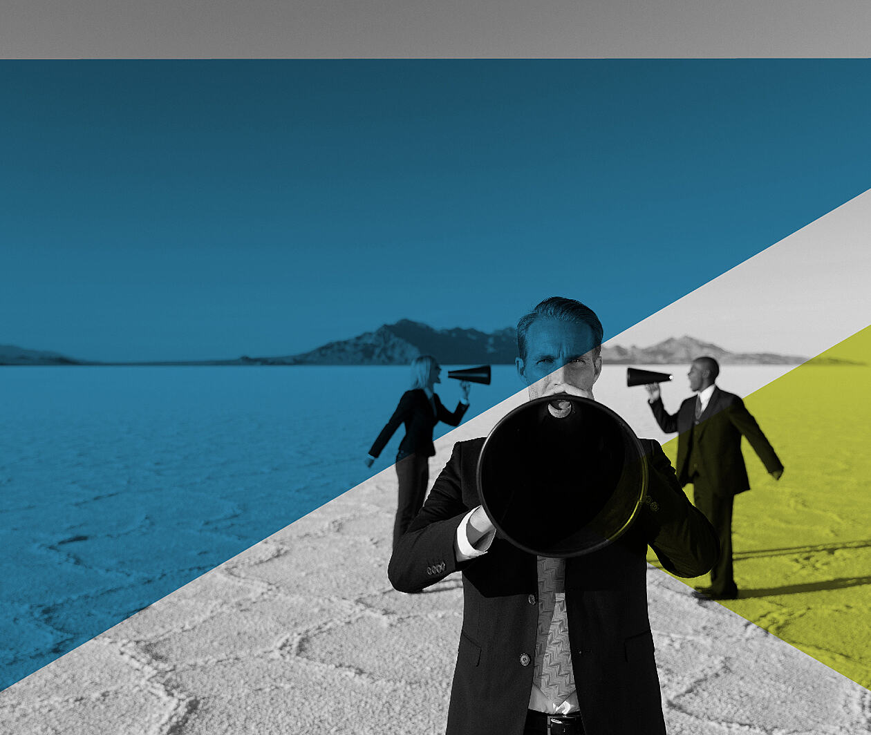 People shouting through megaphones on a barren landscape with color overlay