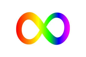 A rainbow coloured infinity symbol which represents neurodiversity and autism acceptance.