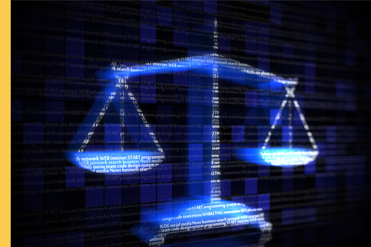 An image of the scales of justice against a backdrop of computer code.