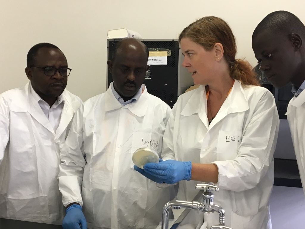 Trainer in a lab with learners, trainers showing a plate to be used in AST