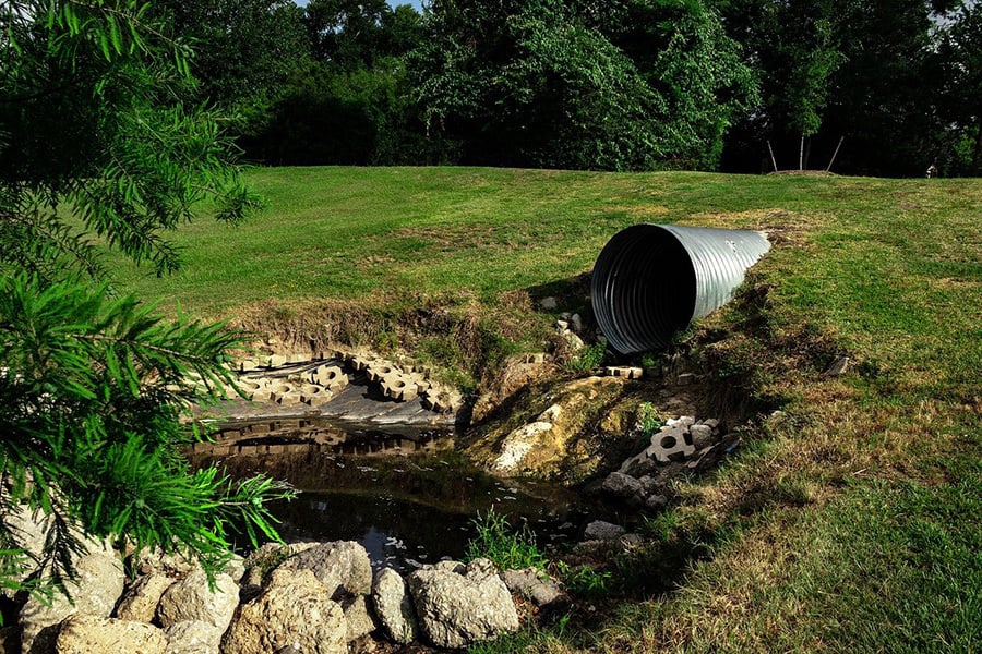 Sewerage pipe leaking polluted water into park