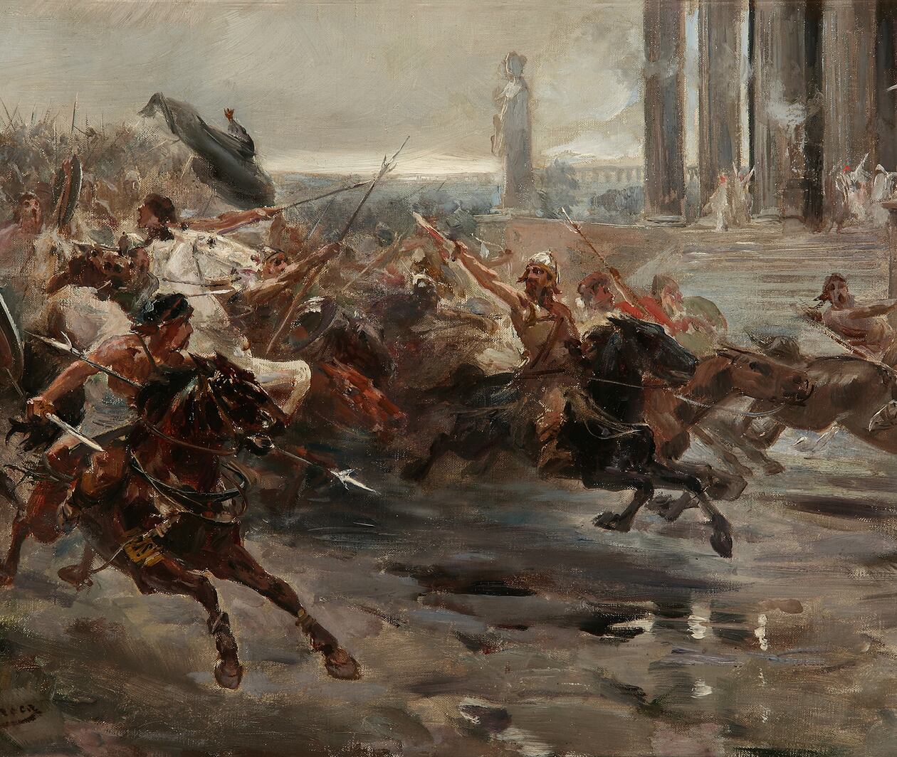 A painting of barbarians on horseback fleeing a city