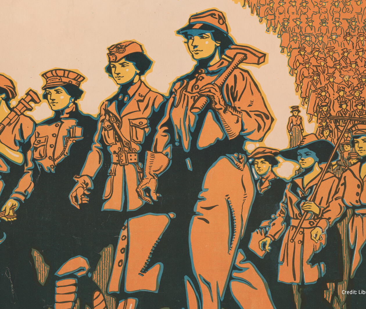 Illustrated propaganda poster of women marching with tools