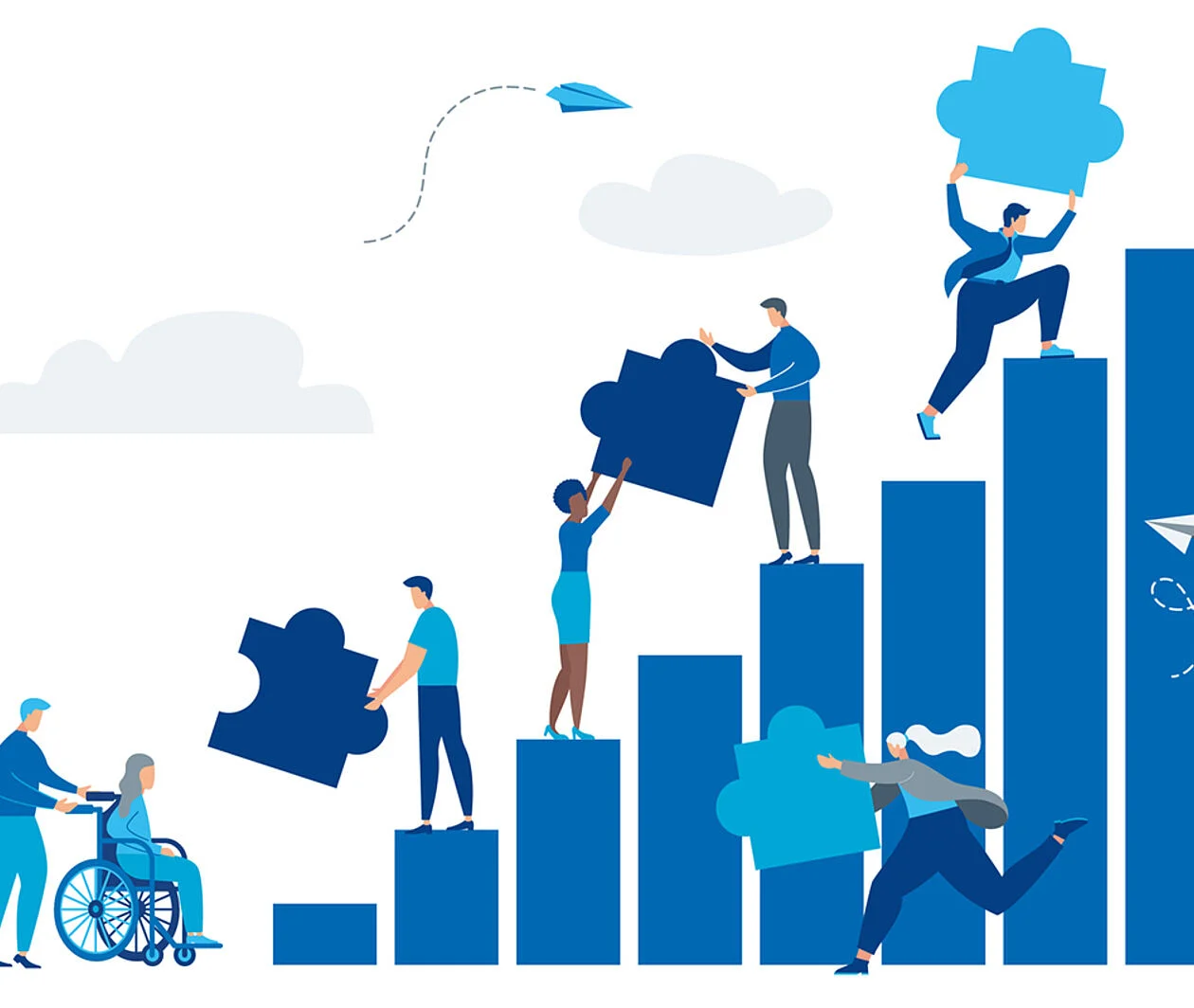 Cartoon of people on a blue graph handing jigsaw pieces between each other with a wheelchair user at the bottom of the graph on the left hand side.