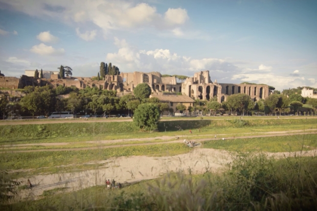 The Circus Maximus in Rome today. A large field with patches of grass.