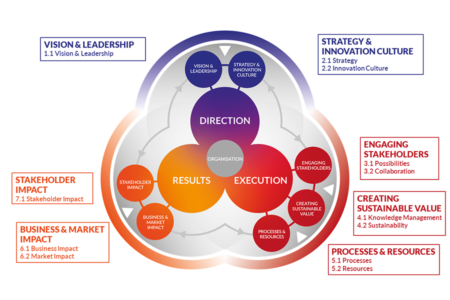 Diagram of the EFQM Innovation Framework surrounded by boxes that show the heading of the criteria and sub-criteria.