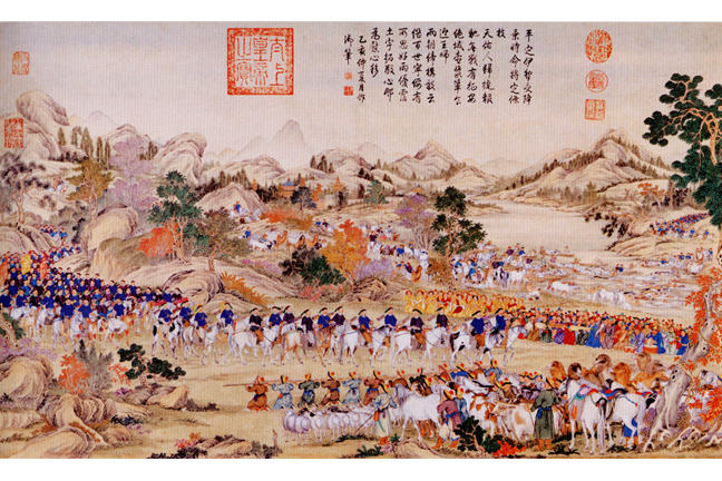 "Receiving the surrender of the Ili". Marching during the spring, the Chinese army reaches Kouldja on the Ili river without opposition, 1755