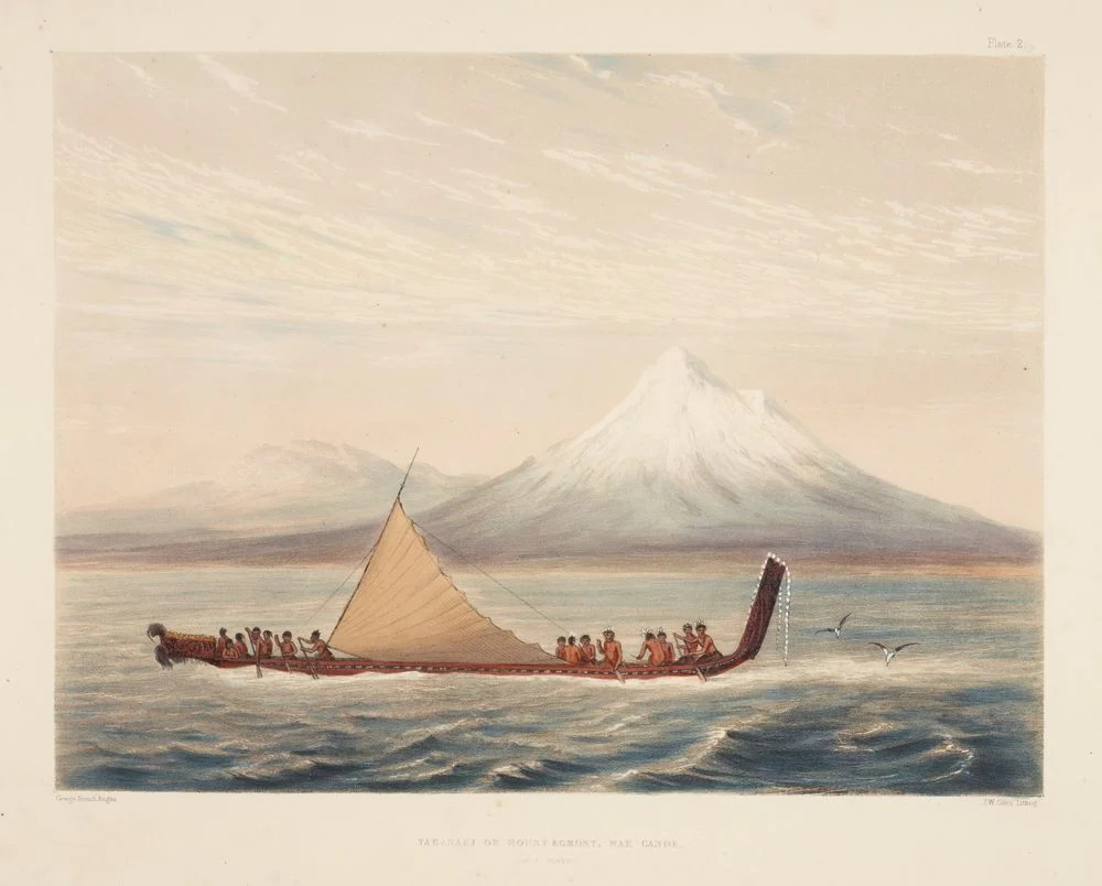 An old painting of Māori men sailing a waka with Mount Egmont in the background