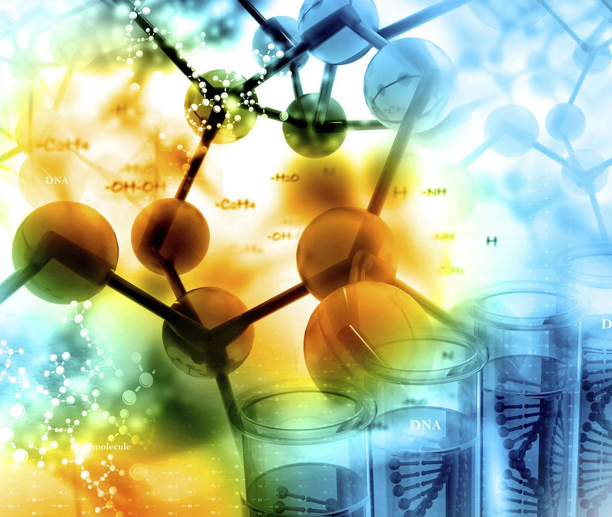 Biochemistry: a graphic showing DNA strands and test tubes