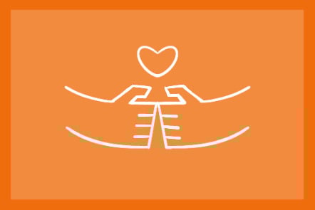An illustration of two hands signing “marriage” in Chinese Sign Language, with a heart floating above, on an orange background.