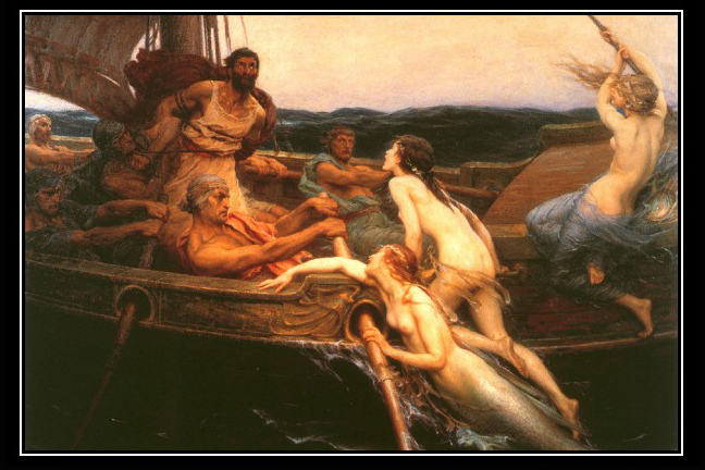 Image of a ship on the ocean, sailors and sirens