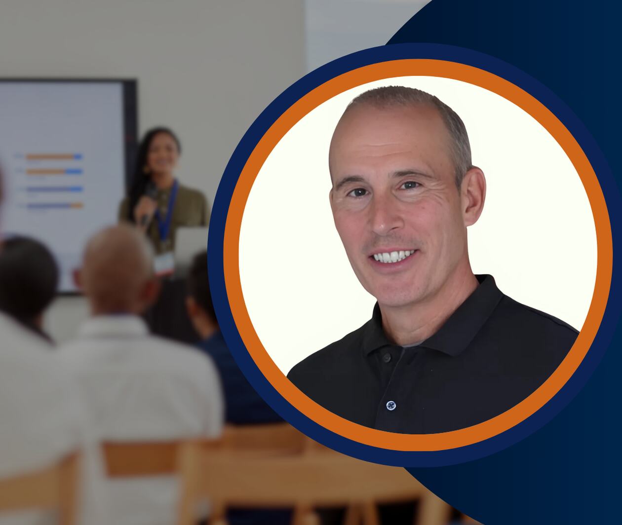 A professional training session with a speaker presenting to an audience, overlaid with a framed portrait of a smiling man. The design suggests a business or professional development course.