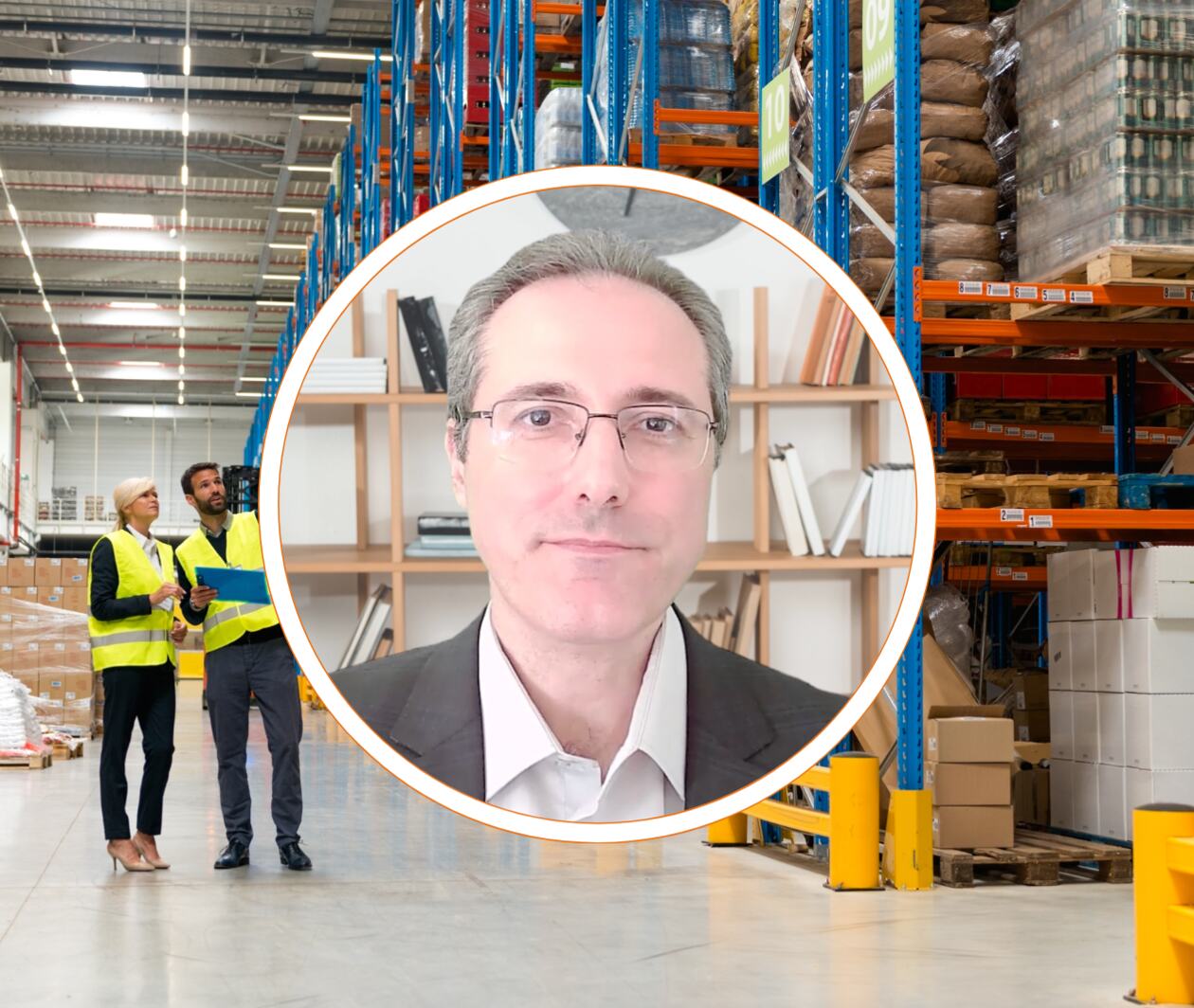 Composite image of a warehouse with workers in safety vests inspecting inventory, overlaid with a circular headshot of a professional man in a suit. Represents supply chain, logistics, and operations management training.