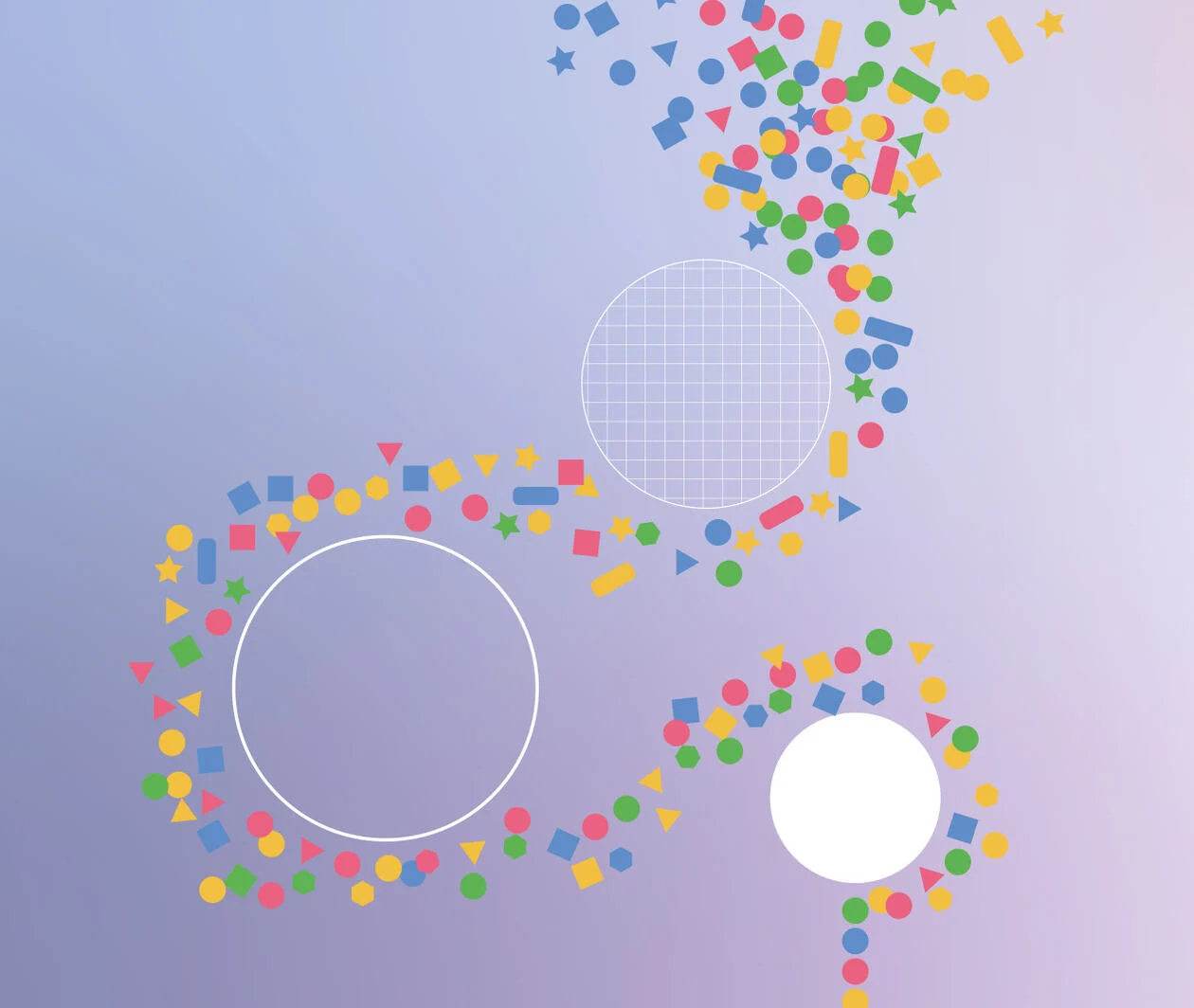 An abstract image to represent data analytics with 3 circles, one with a thin outline only, one filled with a solid white and another one with white net pattern. They are surrounded by mini icons with stars, rectangles and triangles in different colours. 