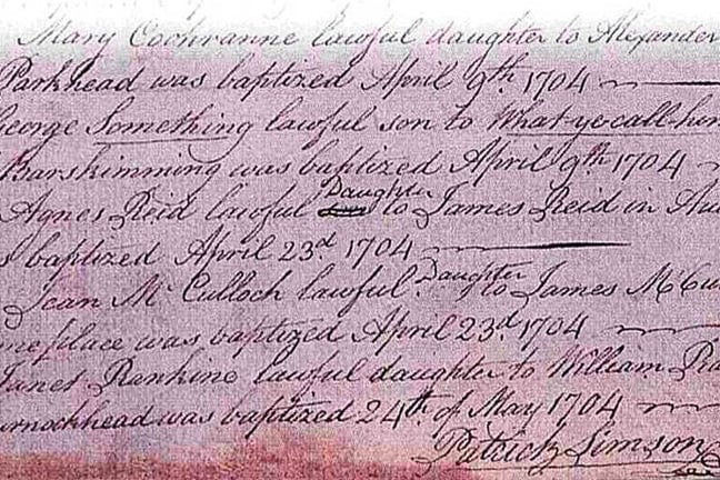 Baptismal record from 1704