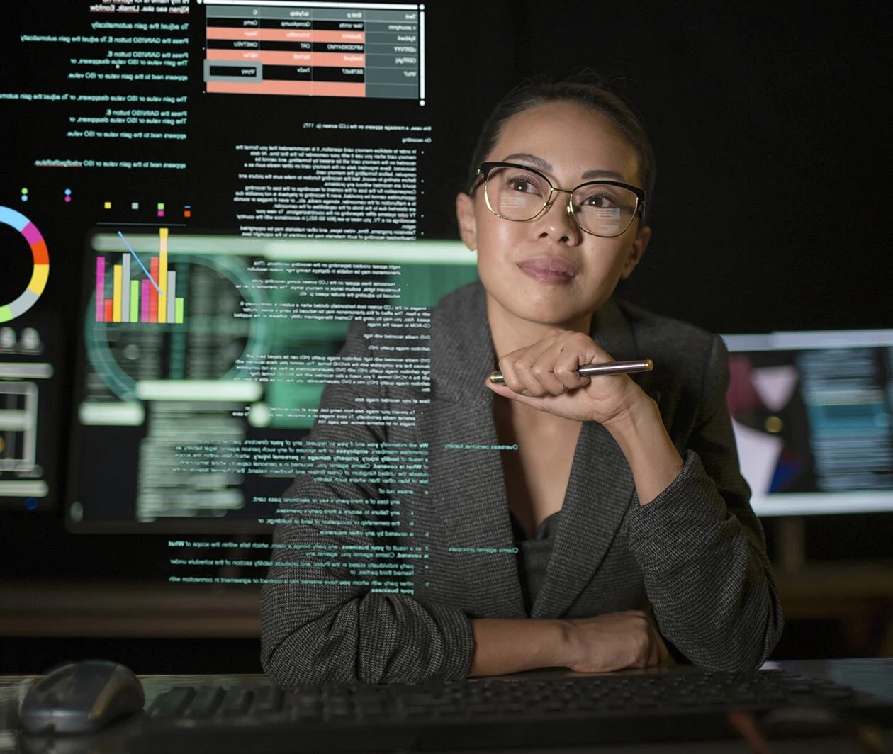 Woman looking at information and data on a clear screen in front of her. 