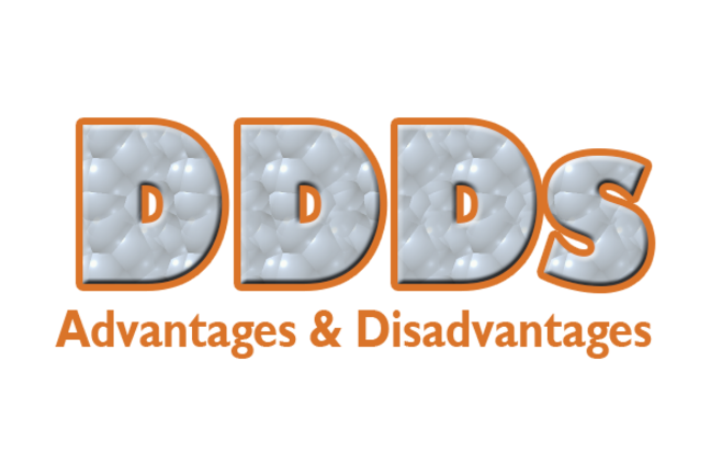 Grey letters outlined in orange DDDs then Advantages and Disadvantages in Orange letters