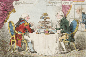 A drawing of King George the third and Henry Addington sat at a dining table
