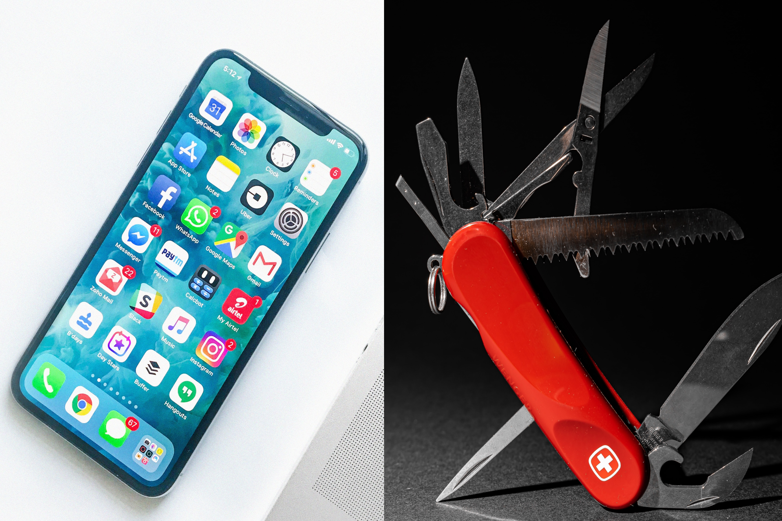 A smartphone and a Swiss Army knife, shown side by side. On the left is an iphone on a white table, and on the right is a photo of a Swiss army knife with its many functions (different knives, nail files, etc.) shown. It is red and shows a Swiss flag.