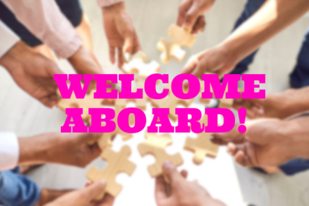 Participants holding up puzzle pieces, symbolizing collaboration and unity, form the backdrop to a prominently displayed Welcome Aboard! text, marking introduction to the MOOC.