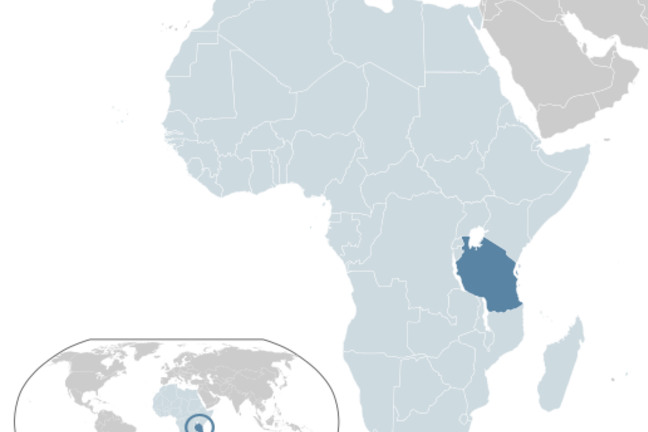 Map of Africa showing location of Tanzania on the southern eastern coast between Kenya and Mozambique.