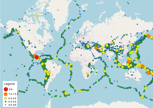 A world map with dots of different colours highlighting where earthquakes occurred and their size as denoted by colour.