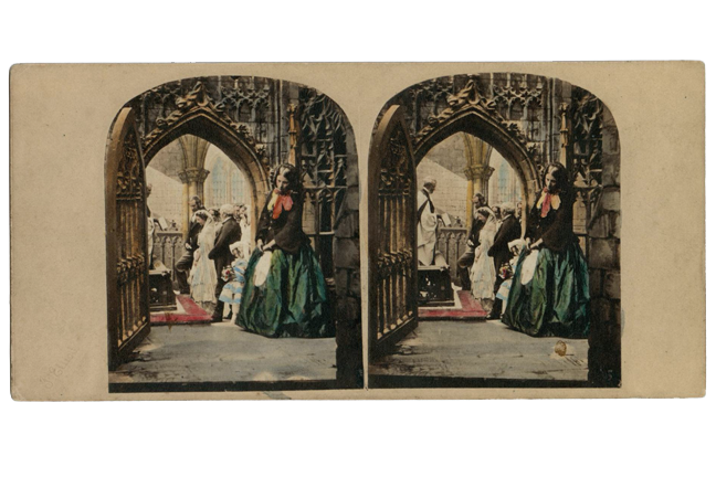 Stereocard depicting a woman, hiding in an aisle of a church with head bowed as, in the background, her former lover is married at the altar.