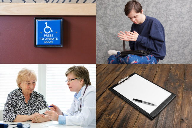 A collage of images. A button to open a door, a boy with an intellectual disability using augmentative communication, a clipboard, and a doctor explaining medication to an older woman.