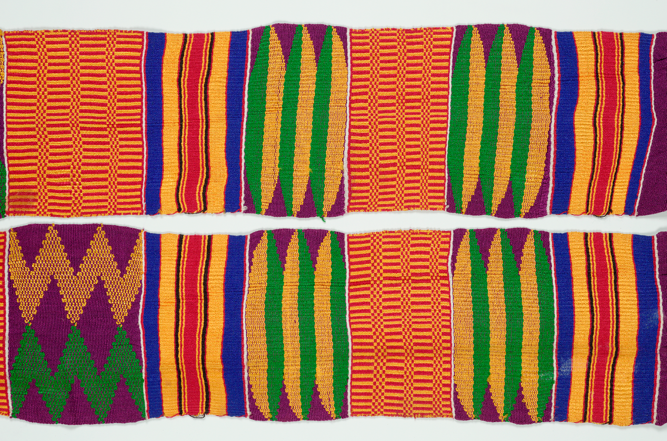 Photograph of a multicoloured woven West African textile