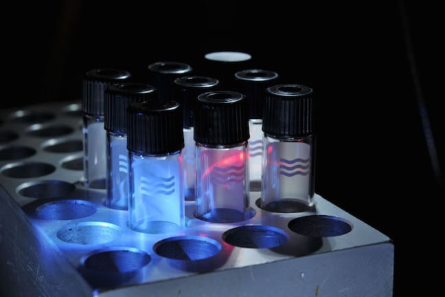 Una bandeja de 9 tubos de ensayo de nuevo iluminada con color azul y rojo