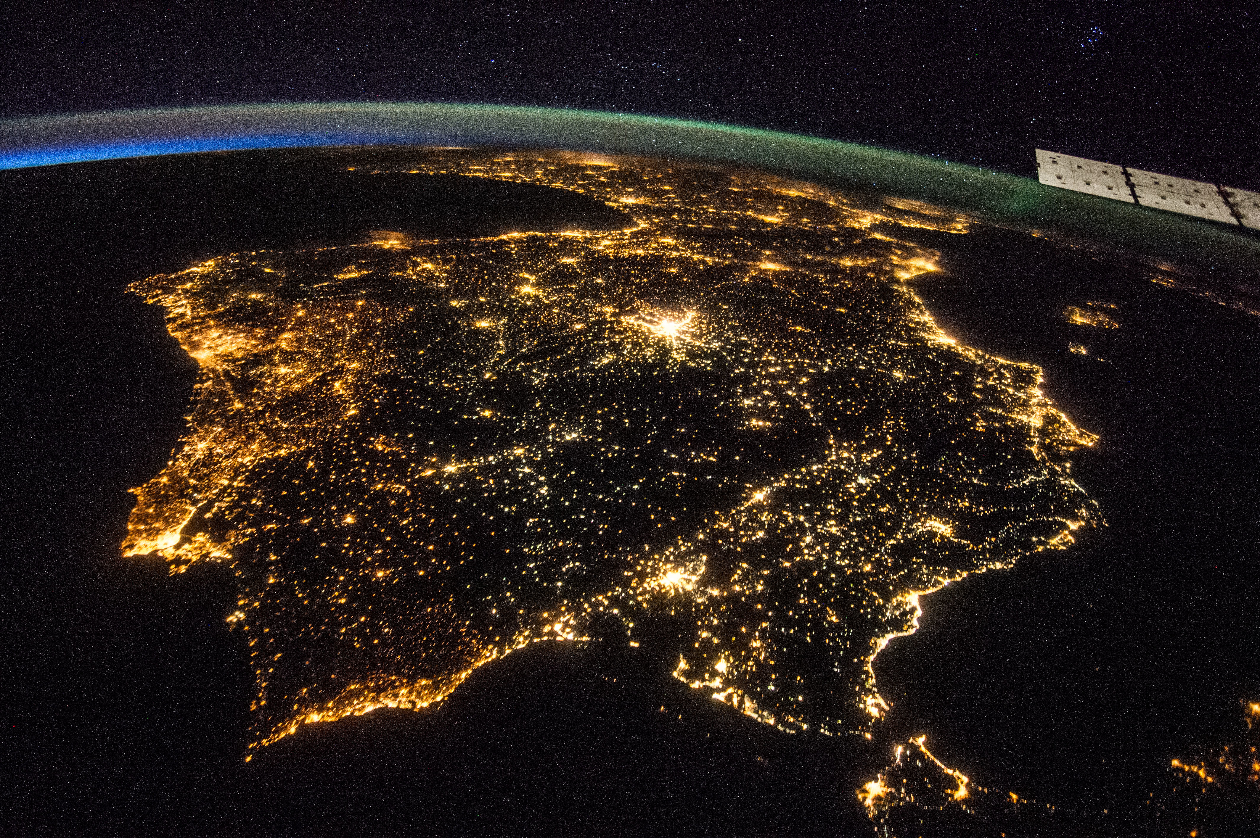 The lights of the Iberian Peninsula at night, viewed from space.