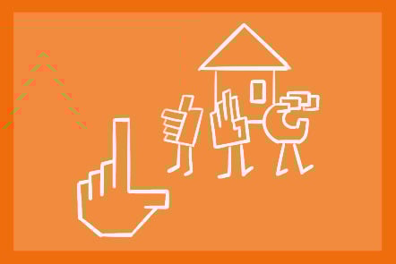 An illustration showing four hands. One in the lower left is signing the fingerspelling letter L in CSL, while the three hands in front of a house on the upper right are signing A, B, and C in CSL, all set against a warm orange background.