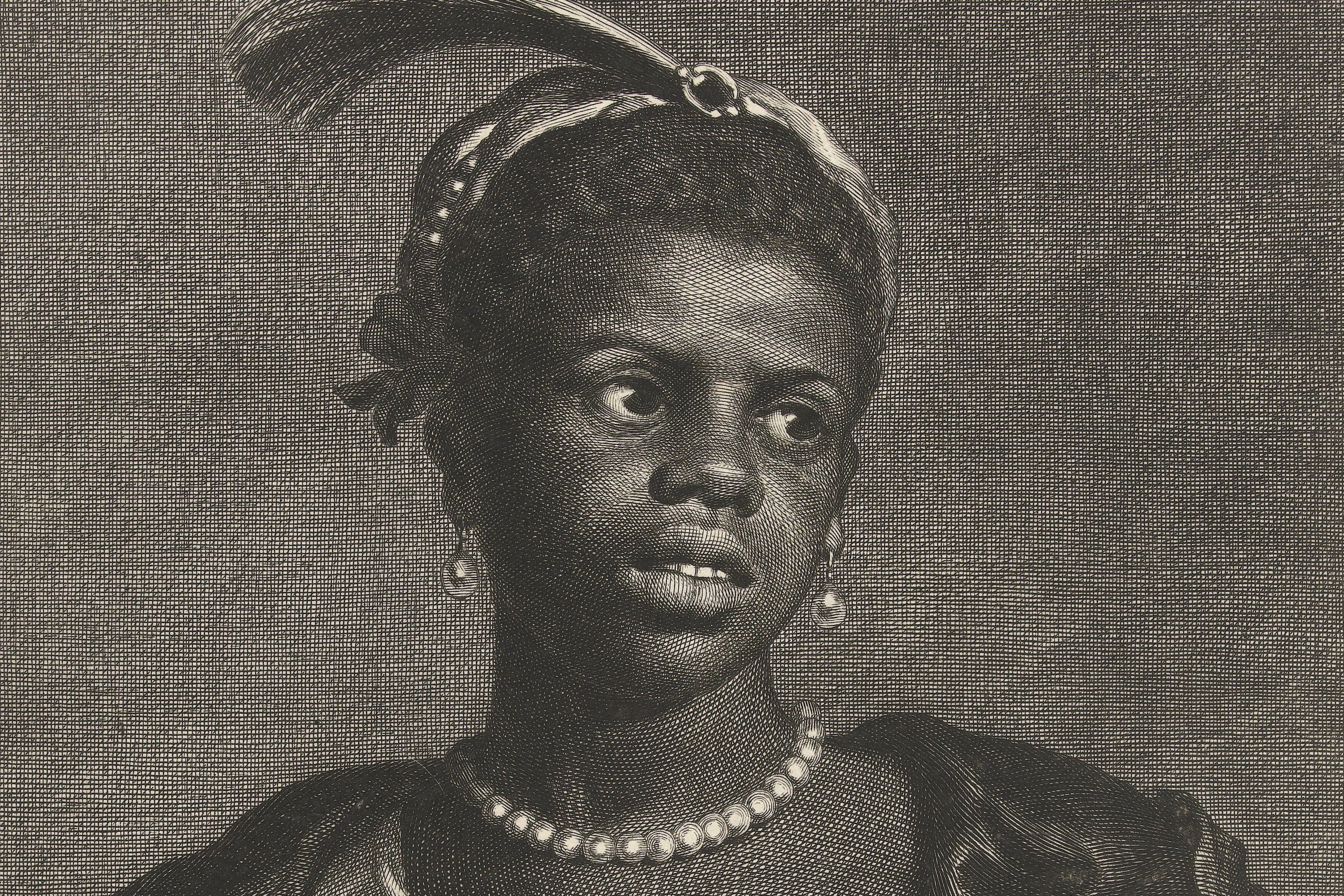 Etching of a young African woman wearing a pearl necklace